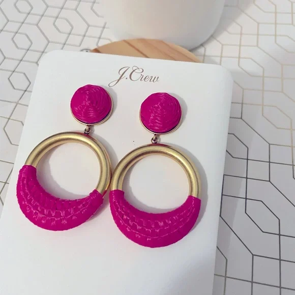 JCREW Faux- Raffia Wrapped Hoop Earrings NWT Vivid Begonia - Picture 2 of 7